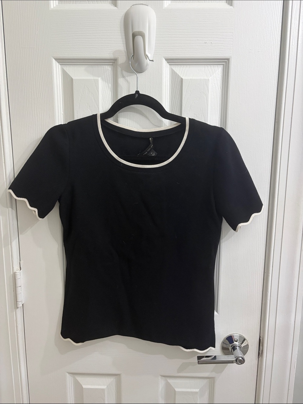 Ann Taylor Black Short-Sleeve Knit Top with Cream Trim